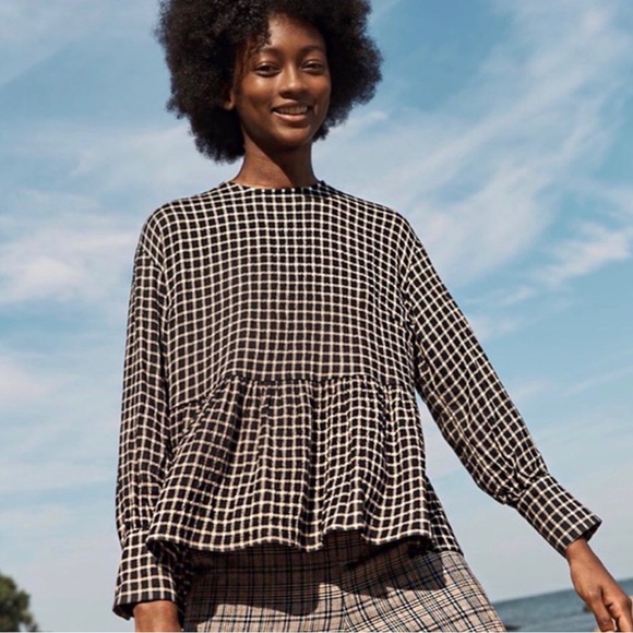 MADEWELL Button-Back Peplum Top in Mini Windowpane / SMALL / CHECK TWILL - Picture 1 of 10